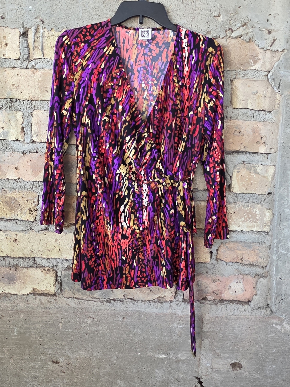 Anne Klein Faux Wrap Top Medium Multi Color Abstract Printed Long Sleeve